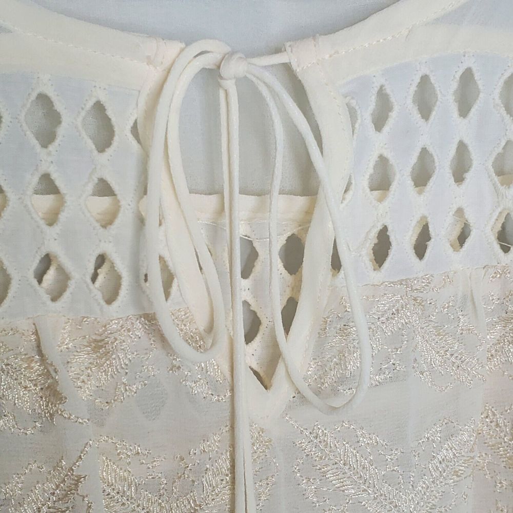 John Mark Womens Embroidered Keyhole Tie Up Neck Fold Up Cuff Sleeve Tunic Top M - Picture 7 of 11